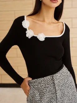 New Square Neck 3D Flower Knit Top Sweater Tops|Sweaters & Cardigans