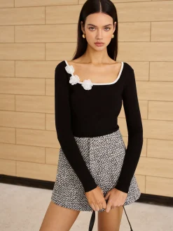 New Square Neck 3D Flower Knit Top Sweater Tops|Sweaters & Cardigans