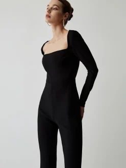 Outlet Square Neck Long Sleeve Flare Jumpsuit Black Dresses|Jumpsuits & Rompers