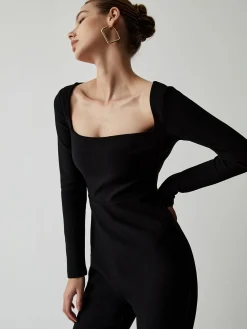 Outlet Square Neck Long Sleeve Flare Jumpsuit Black Dresses|Jumpsuits & Rompers