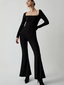 Outlet Square Neck Long Sleeve Flare Jumpsuit Black Dresses|Jumpsuits & Rompers