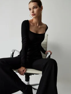 Outlet Square Neck Long Sleeve Flare Jumpsuit Black Dresses|Jumpsuits & Rompers