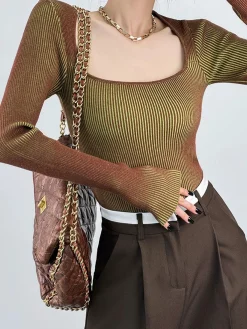 New Square Neck Ombre Knit Top T-shirts|Knitwear
