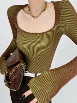 New Square Neck Ombre Knit Top T-shirts|Knitwear