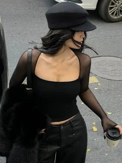 Square Neck Panel Crop Blouse Crop Tops|Blouses & Shirts