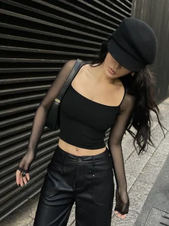 Square Neck Panel Crop Blouse Crop Tops|Blouses & Shirts