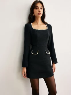 Online Square Neck Pearl Beaded Dress Casual Dresses|Work Dresses