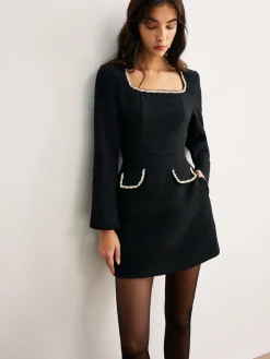 Best Square Neck Pearl Beaded Dress Black Dresses|Casual Dresses