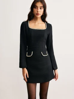 Best Square Neck Pearl Beaded Dress Black Dresses|Casual Dresses