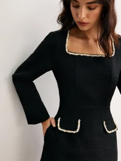 Best Square Neck Pearl Beaded Dress Black Dresses|Casual Dresses