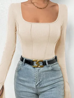 Outlet Square Neck Piping Bodysuit Bodysuits|Bodysuits