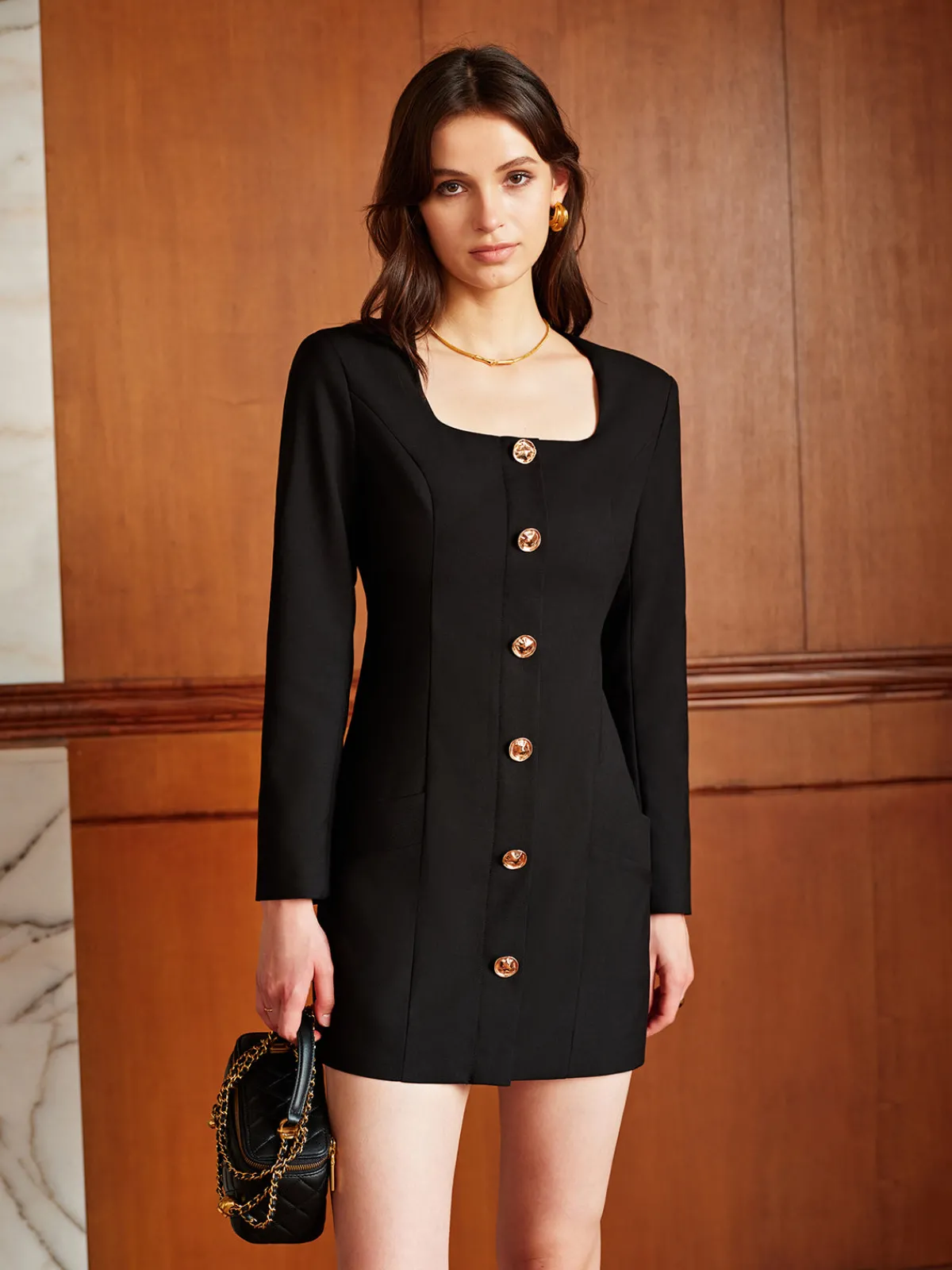 Hot Square Neck Pockets Slim Dress Black Dresses|Casual Dresses