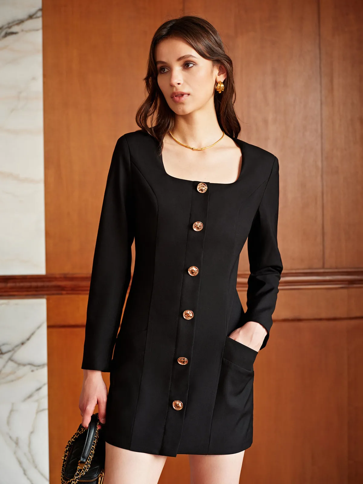 Hot Square Neck Pockets Slim Dress Black Dresses|Casual Dresses
