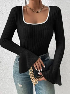 Square Neck Ruffle-Cuff Slim Top T-shirts