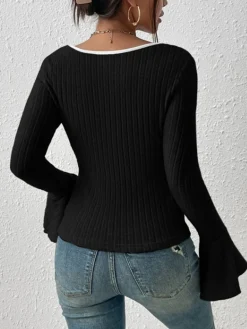 Square Neck Ruffle-Cuff Slim Top T-shirts