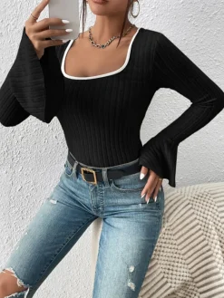 Square Neck Ruffle-Cuff Slim Top T-shirts