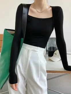 New Square Neck Solid Long Sleeve Shirt Sweater Tops|T-shirts
