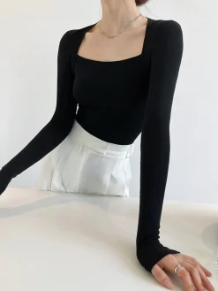 New Square Neck Solid Long Sleeve Shirt Sweater Tops|T-shirts