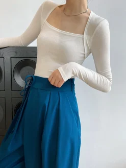 New Square Neck Solid Long Sleeve Shirt Sweater Tops|T-shirts
