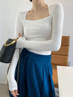 New Square Neck Solid Long Sleeve Shirt Sweater Tops|T-shirts