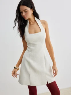Sale Square Neck Tweed Zipper Dress White Dresses|Casual Dresses