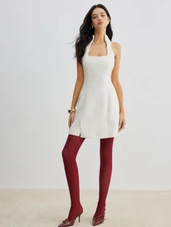 Sale Square Neck Tweed Zipper Dress White Dresses|Casual Dresses