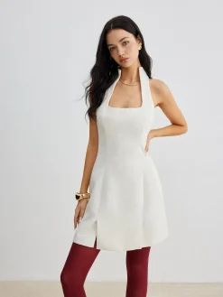 Sale Square Neck Tweed Zipper Dress White Dresses|Casual Dresses