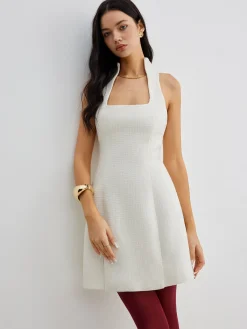 Sale Square Neck Tweed Zipper Dress White Dresses|Casual Dresses