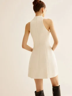 Sale Square Neck Tweed Zipper Dress White Dresses|Casual Dresses