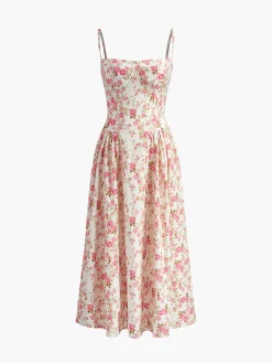 Online Square Neck Zipper Floral Dress Floral Dresses|Summer Dresses
