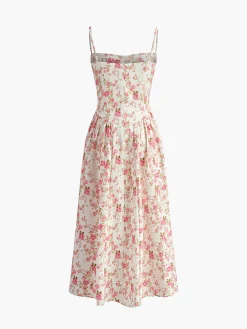 Online Square Neck Zipper Floral Dress Floral Dresses|Summer Dresses