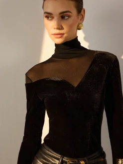 Outlet Stacking Neck Sheer-Detail Velvet Blouse Blouses & Shirts|Tops