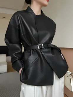 Outlet Stand Collar Belted Faux Leather Jacket Outerwear|Jackets