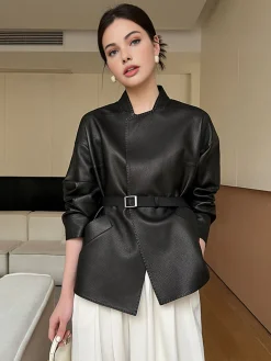Outlet Stand Collar Belted Faux Leather Jacket Outerwear|Jackets