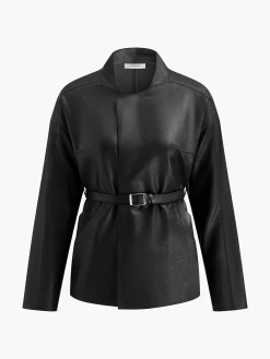 Outlet Stand Collar Belted Faux Leather Jacket Outerwear|Jackets