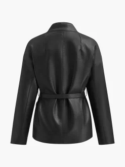 Outlet Stand Collar Belted Faux Leather Jacket Outerwear|Jackets