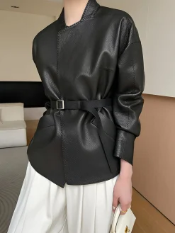 Outlet Stand Collar Belted Faux Leather Jacket Outerwear|Jackets
