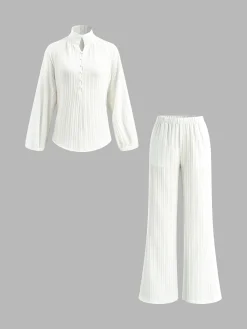Online Stand Collar Bishop Sleeve Pants Set Long Sleeve Sets|Pants Sets