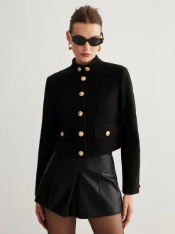 Clearance Stand Collar Button Tweed Short Jacket Outerwear|Jackets