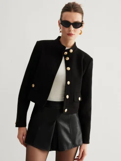 Clearance Stand Collar Button Tweed Short Jacket Outerwear|Jackets