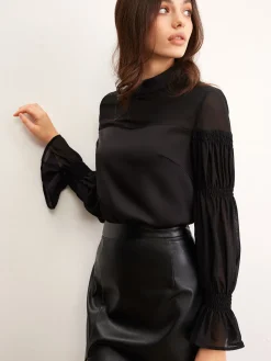 Stand Collar Chiffon Panel Blouse Blouses & Shirts|Tops
