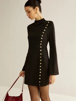 Stand Collar Cinched Short Dress Black Dresses|Casual Dresses