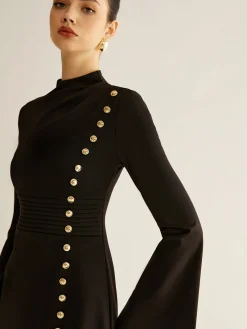 Stand Collar Cinched Short Dress Black Dresses|Casual Dresses