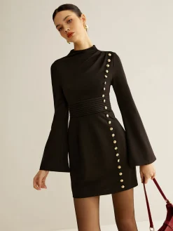 Stand Collar Cinched Short Dress Black Dresses|Casual Dresses
