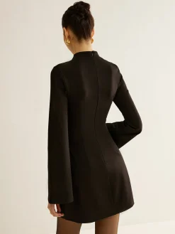 Stand Collar Cinched Short Dress Black Dresses|Casual Dresses