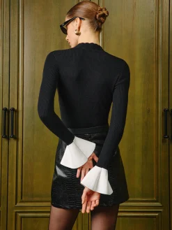 Sale Stand Collar Contrast Ruffle-Cuff Skinny Sweater Knitwear|Tops