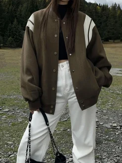 Hot Stand Collar Contrast Trim Pockets Jacket Outerwear|Jackets