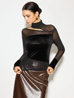 Clearance Stand Collar Cutout Mesh-Detail Velvet Top Tops