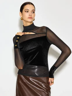 Clearance Stand Collar Cutout Mesh-Detail Velvet Top Tops