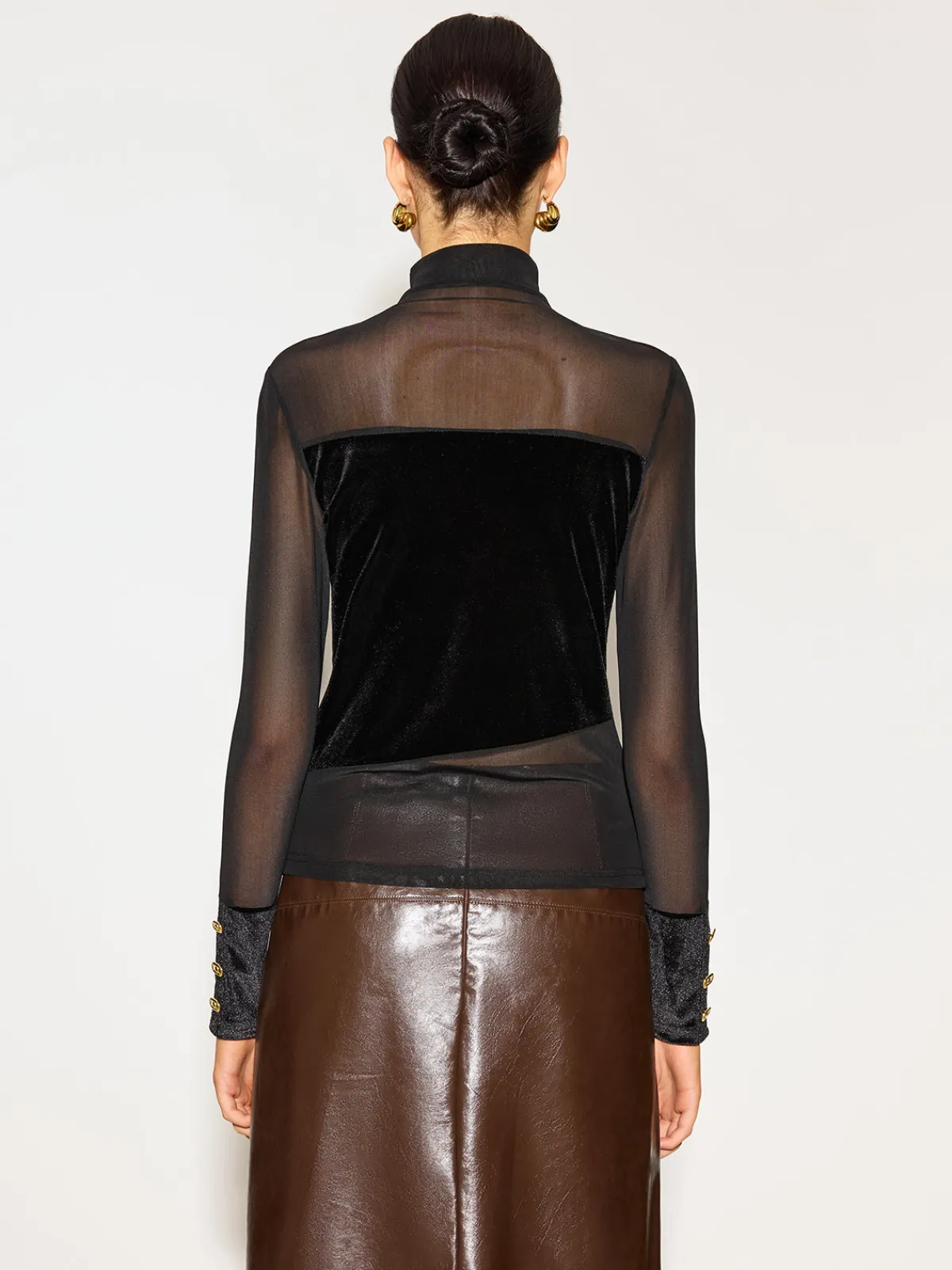 Clearance Stand Collar Cutout Mesh-Detail Velvet Top Tops